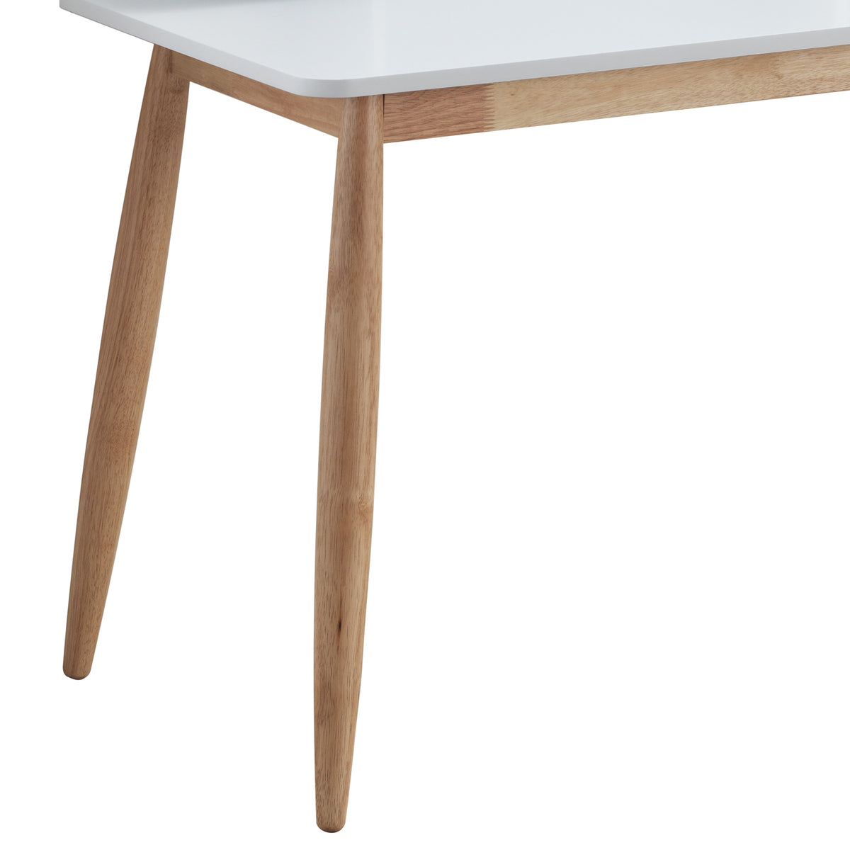 Visby white writing desk showing tapered wood leg and desktop edge detail