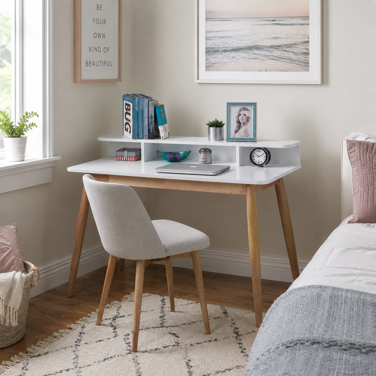 Visby white writing desk showing an open hutch workspace with a chair in a bright neutral bedroom