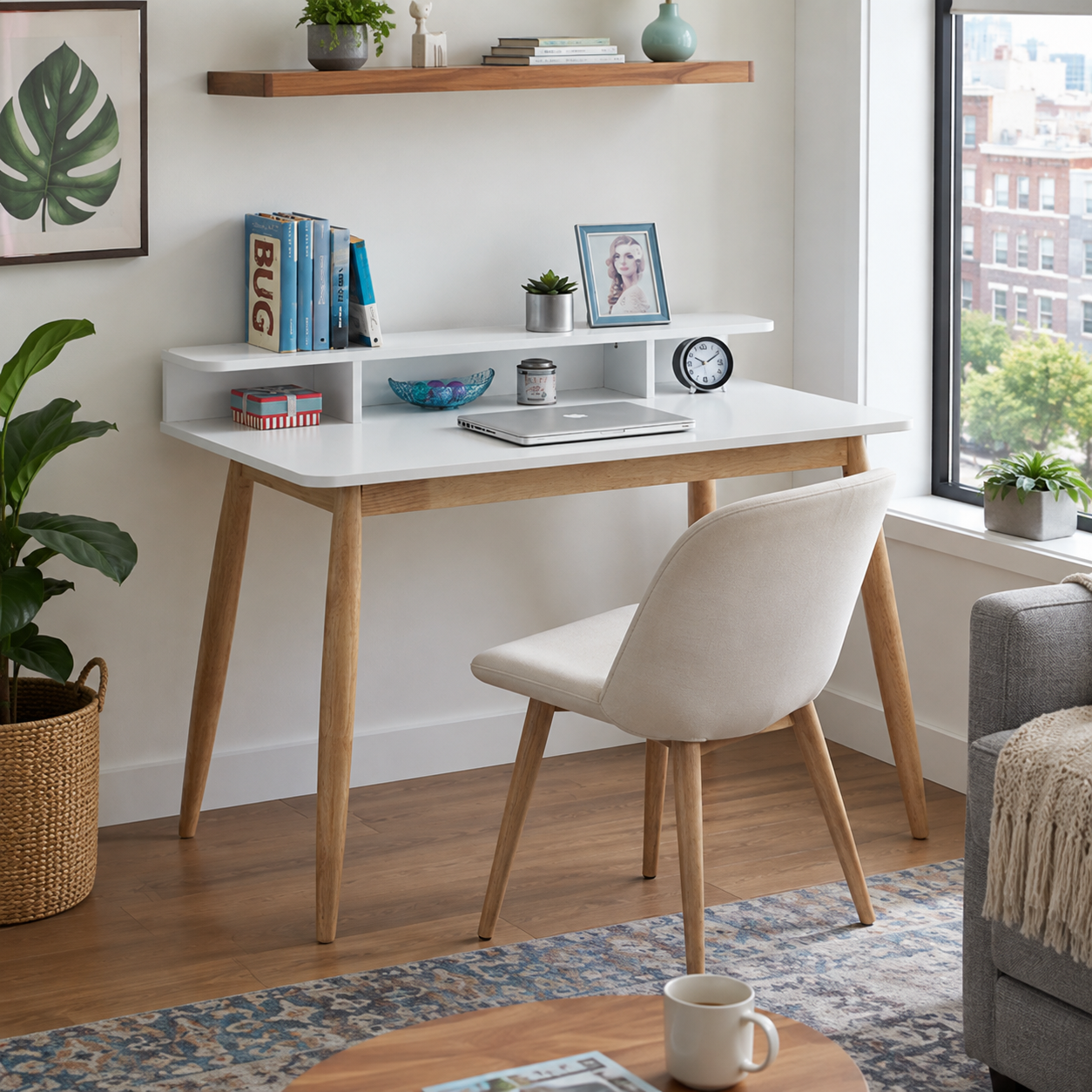 Visby white writing desk showing a compact study area with an open hutch and upholstered chair