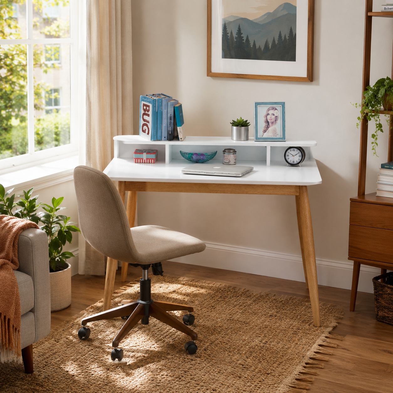 Visby white writing desk showing an open hutch workspace with a rolling chair in a sunlit room