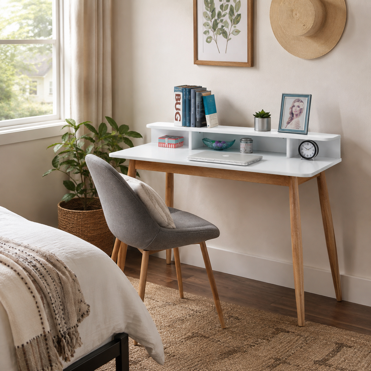 Visby white writing desk showing an open hutch workspace with a grey chair in a neutral bedroom