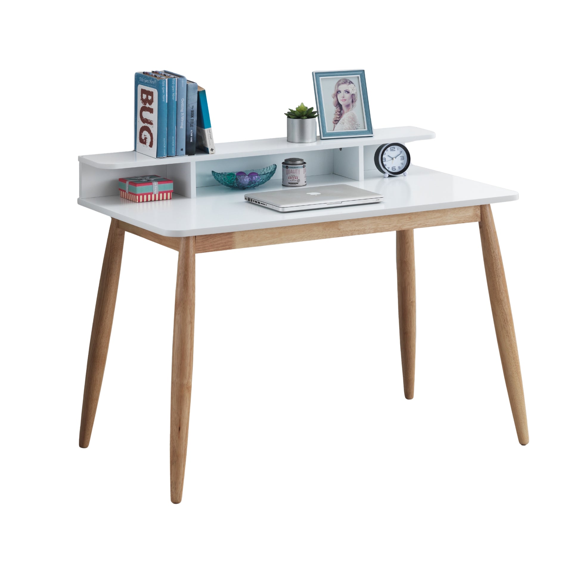 Visby white writing desk showing the front angled view with an open hutch and tapered wood legs