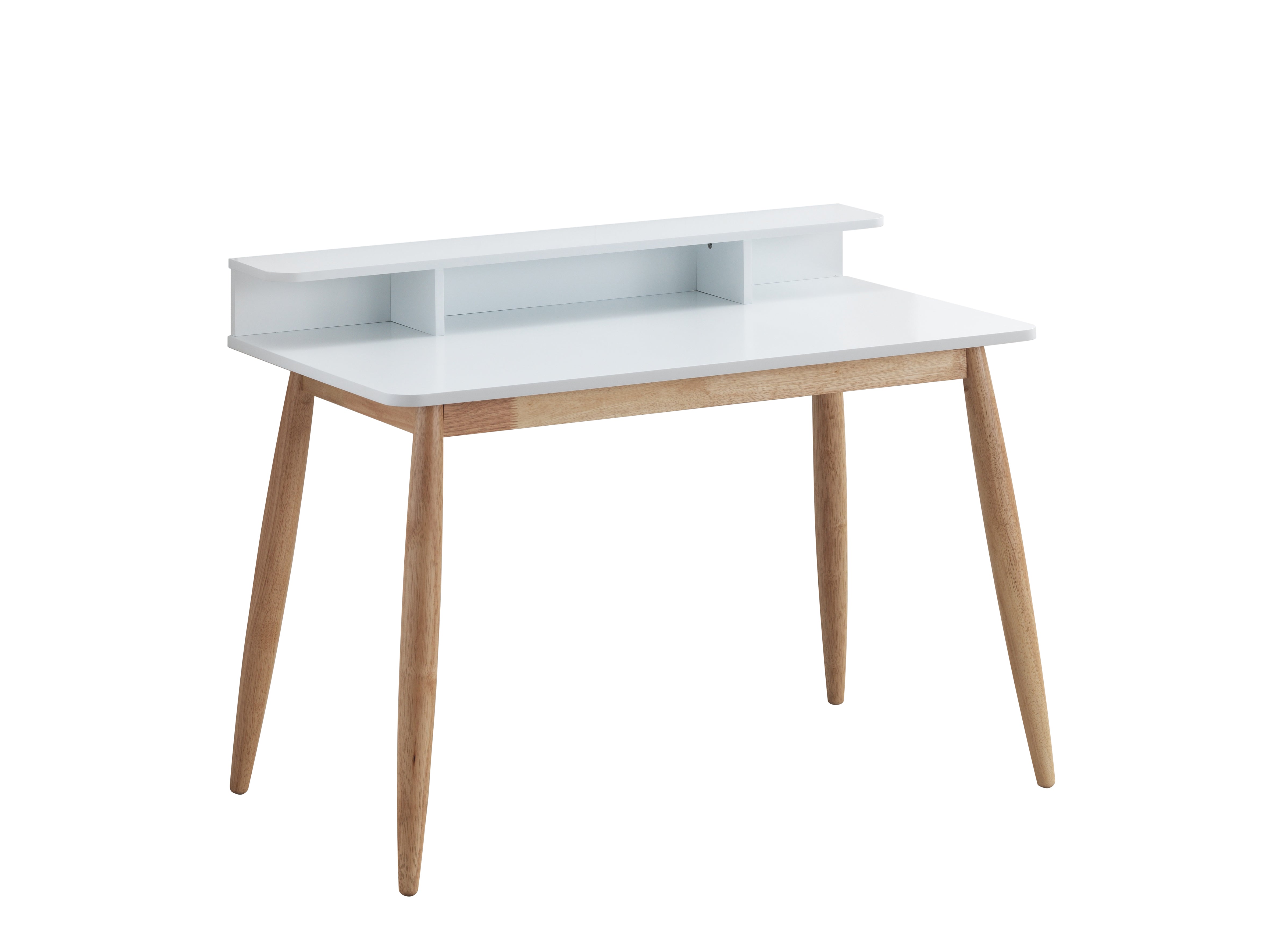Visby white writing desk showing the rear view with a raised hutch and tapered wood legs