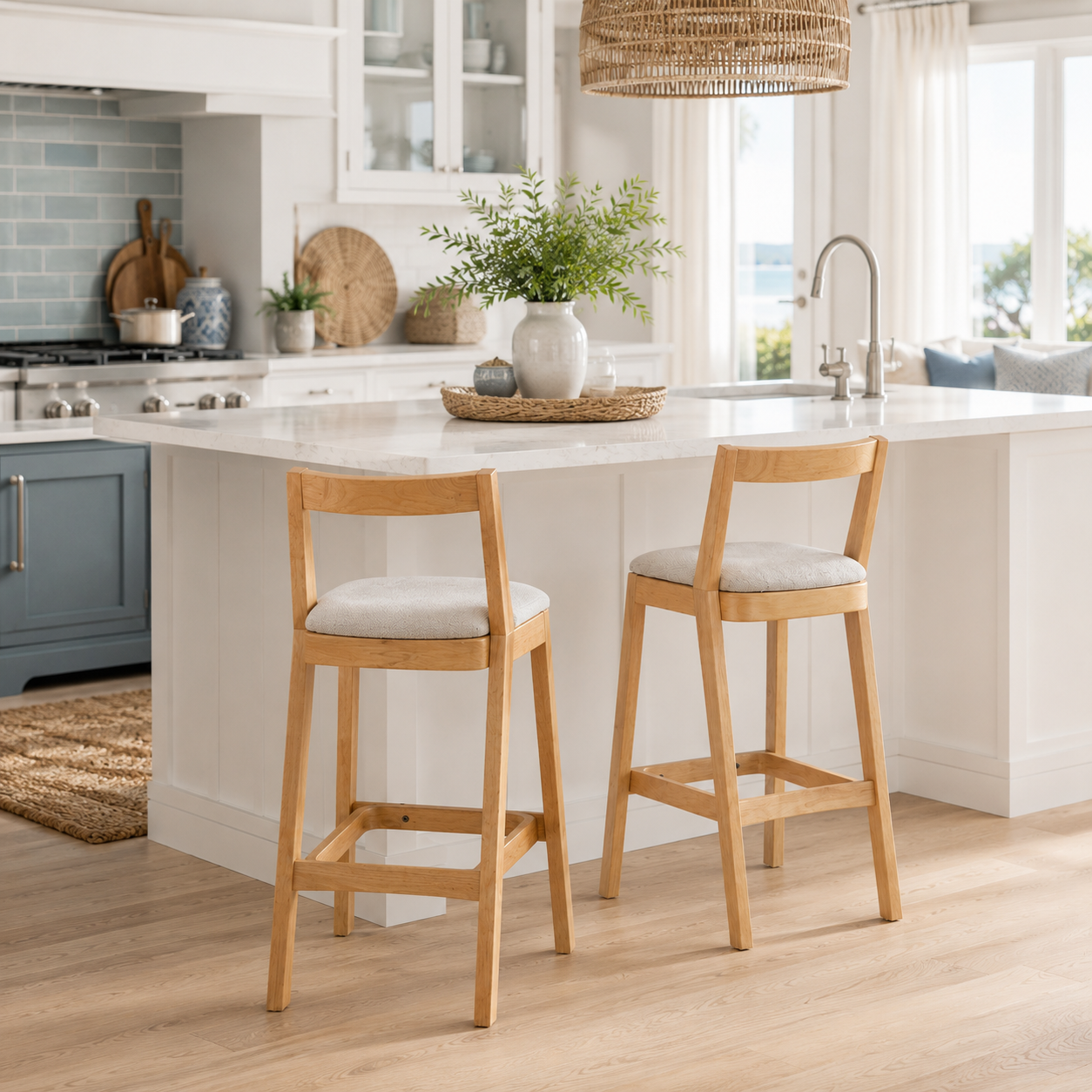 Vouvray 30" Rubberwood Upholstered Bar Height Stools with Backrests Set of 2