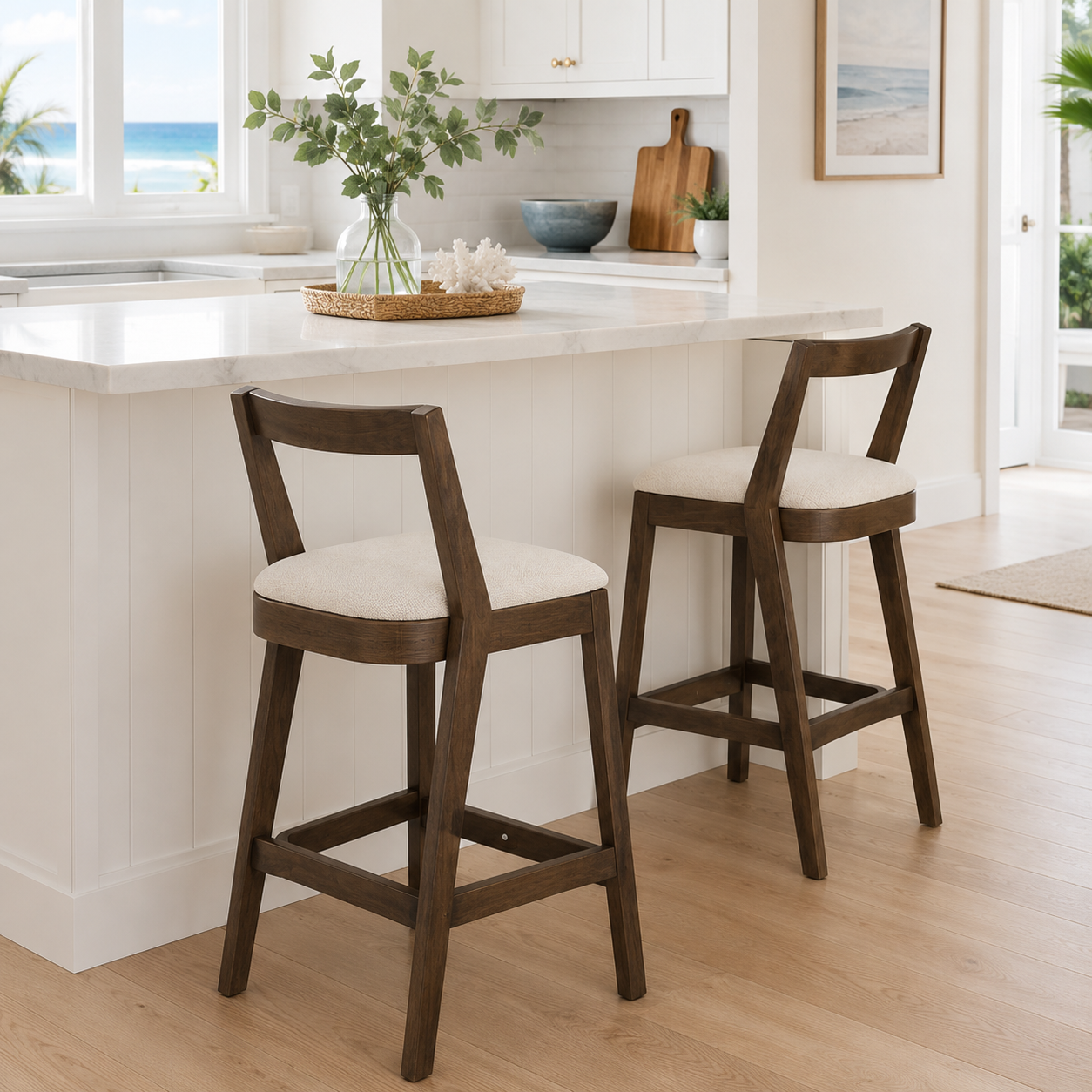 Vouvray 30" Rubberwood Upholstered Bar Height Stools with Backrests Set of 2