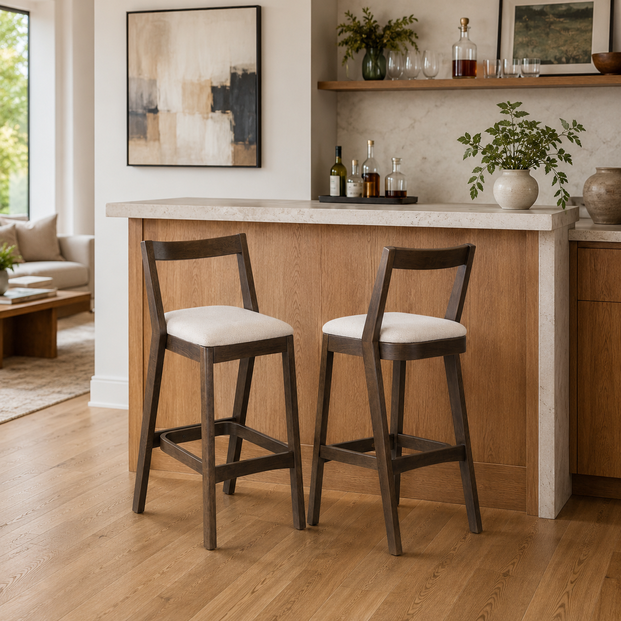 Vouvray 30" Rubberwood Upholstered Bar Height Stools with Backrests Set of 2