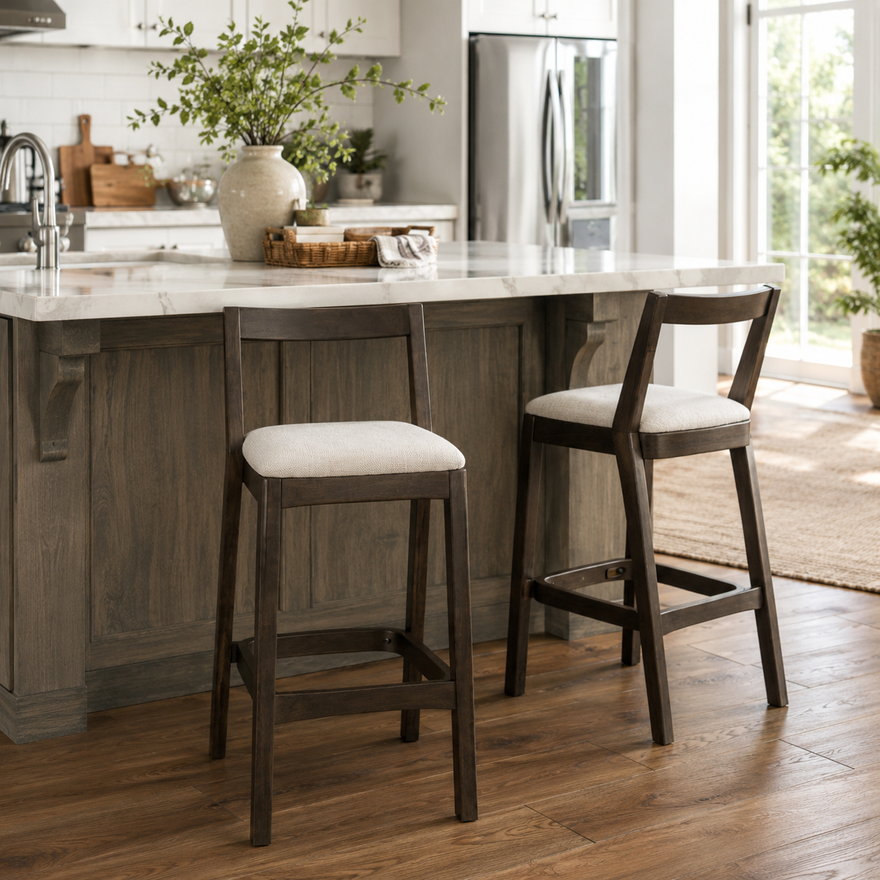 Vouvray 30" Rubberwood Upholstered Bar Height Stools with Backrests Set of 2