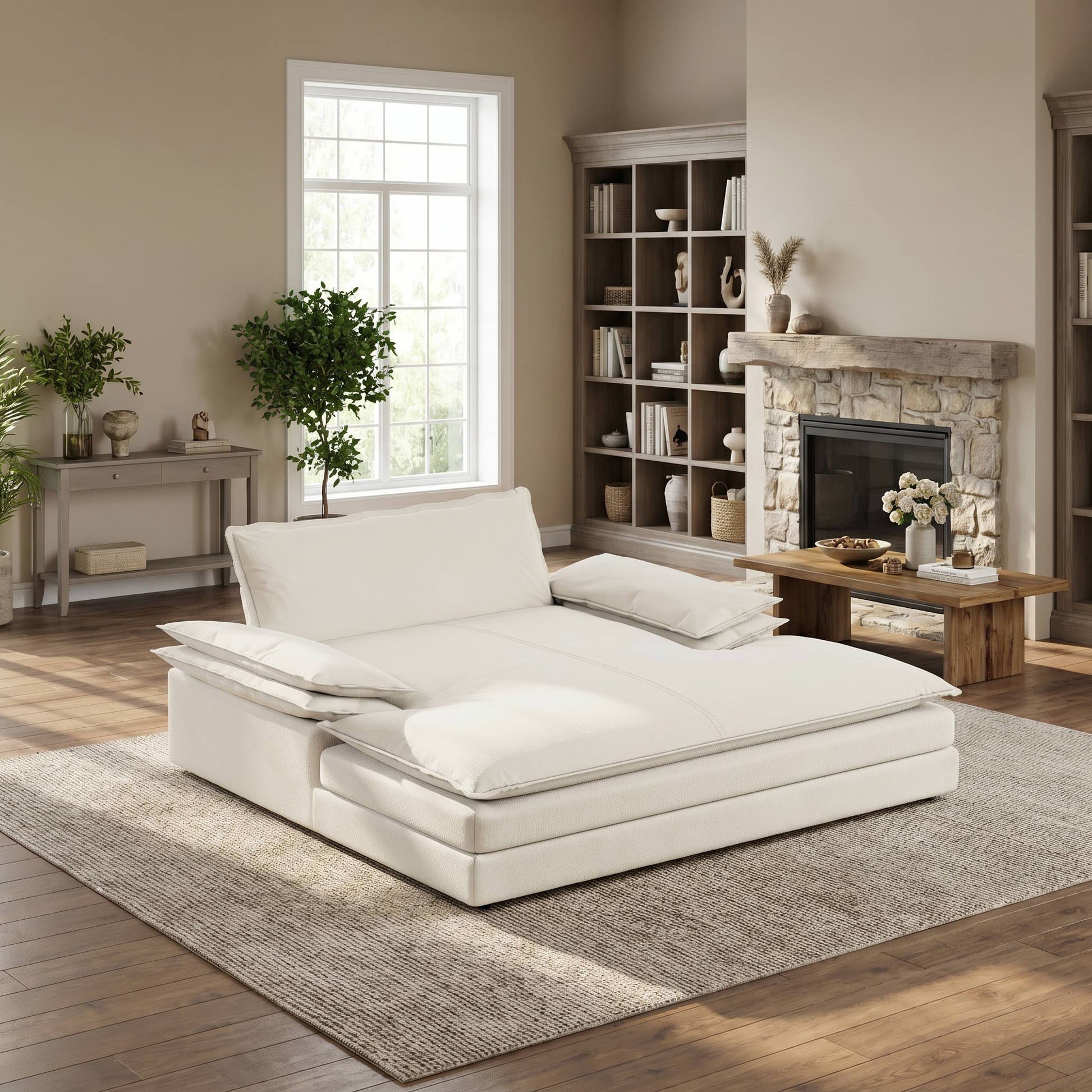 Waco beige chenille modular double chaise lounge chair styled in cozy living room with fireplace
