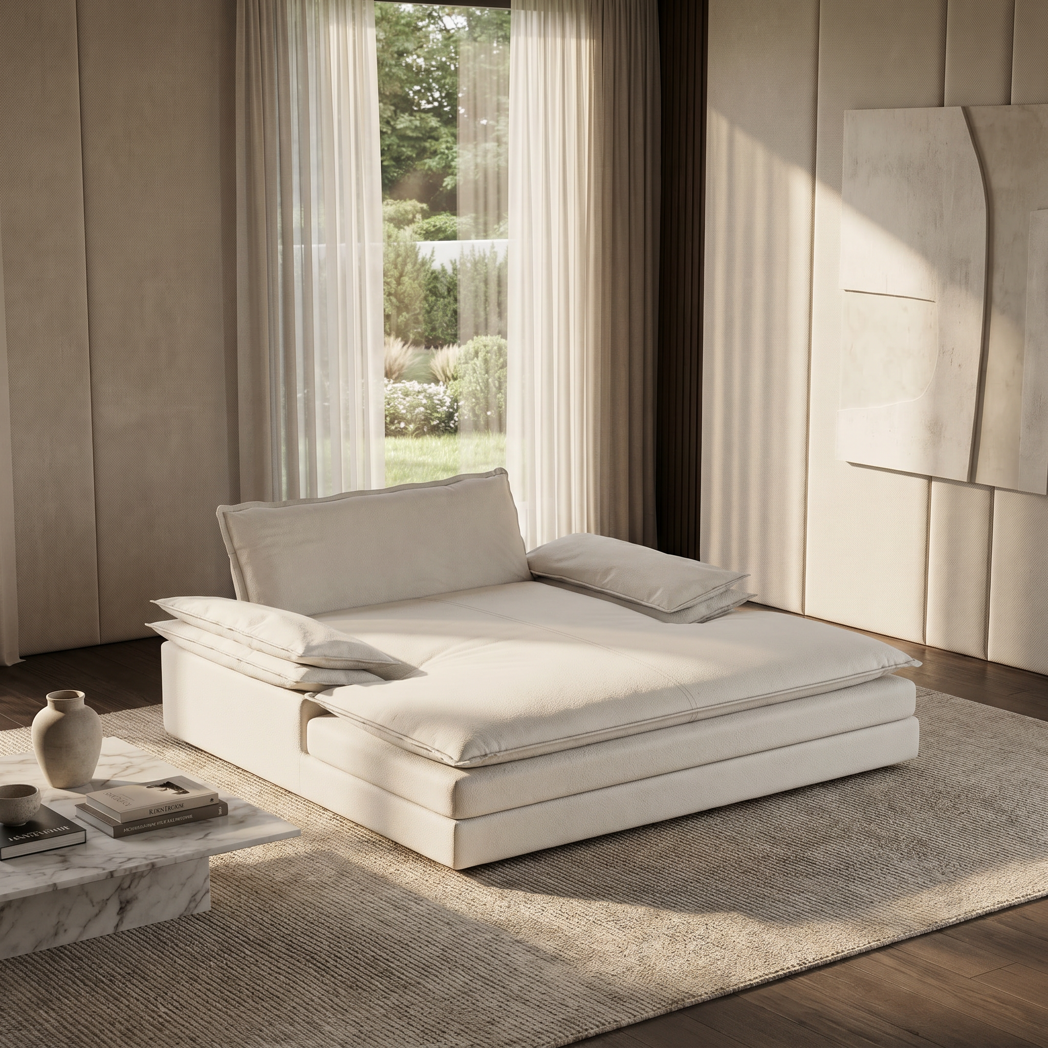 Waco beige chenille modular double chaise lounge chair showing modern bedroom lounge setup