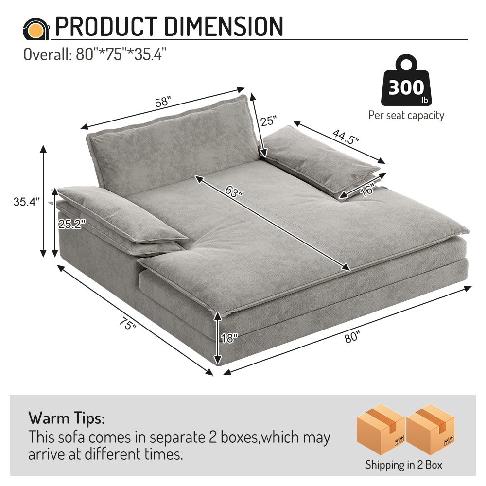 Waco light grey chenille modular double chaise lounge chair showing product dimensions and seat measurements with 300 lbs capacity