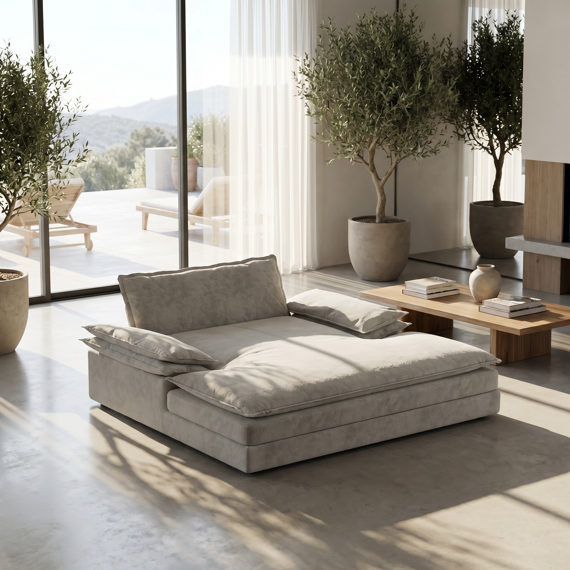 Waco grey chenille modular double chaise lounge chair showing bright contemporary lounge setup