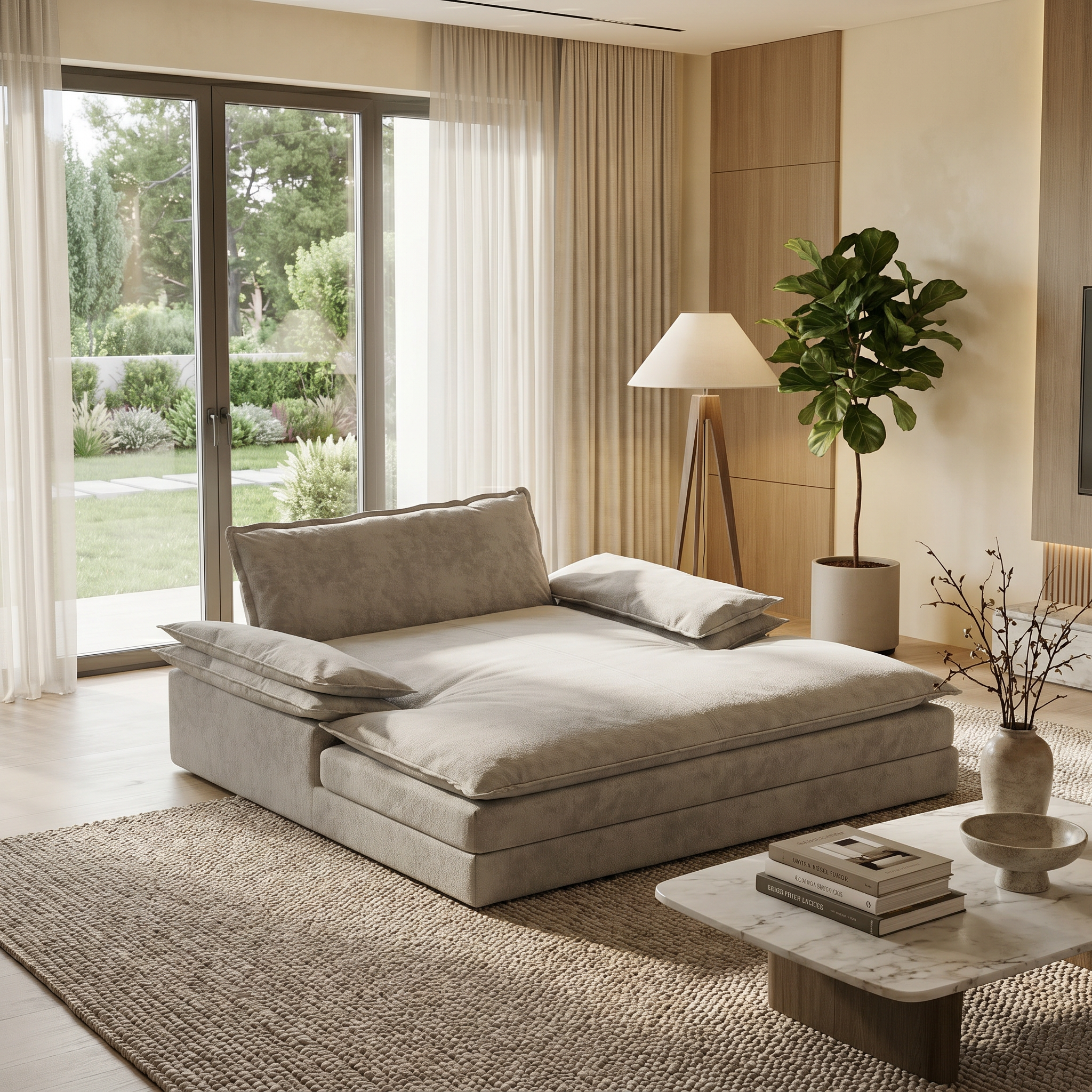 Waco grey chenille modular double chaise lounge chair styled in modern living room with floor lamp