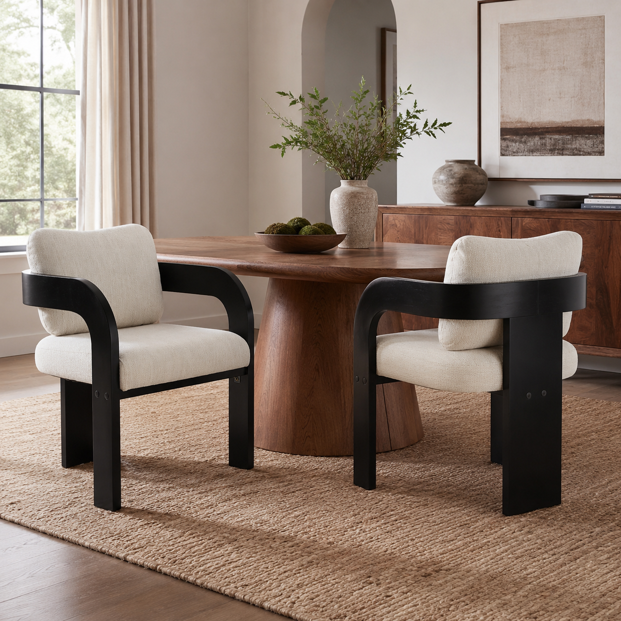 Wakatipu black woven fabric dining armchairs with solid rubberwood frames beside a round wood dining table