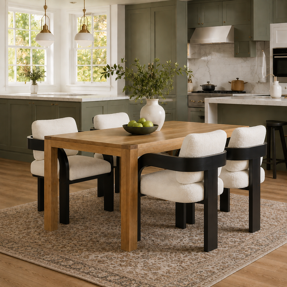 Wakatipu black armchairs arranged around a round wood table in a cozy contemporary dining room