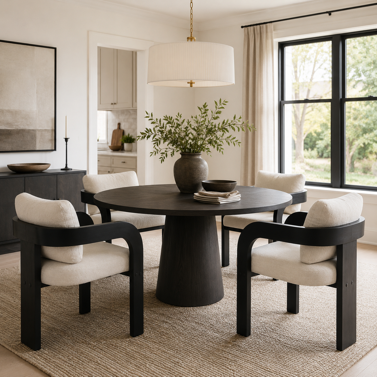 Wakatipu black upholstered dining armchairs beside a round dining table in a bright home setting