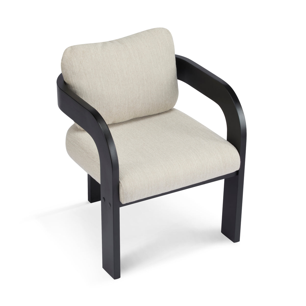 Wakatipu black dining armchair side angled view with curved arms on white background