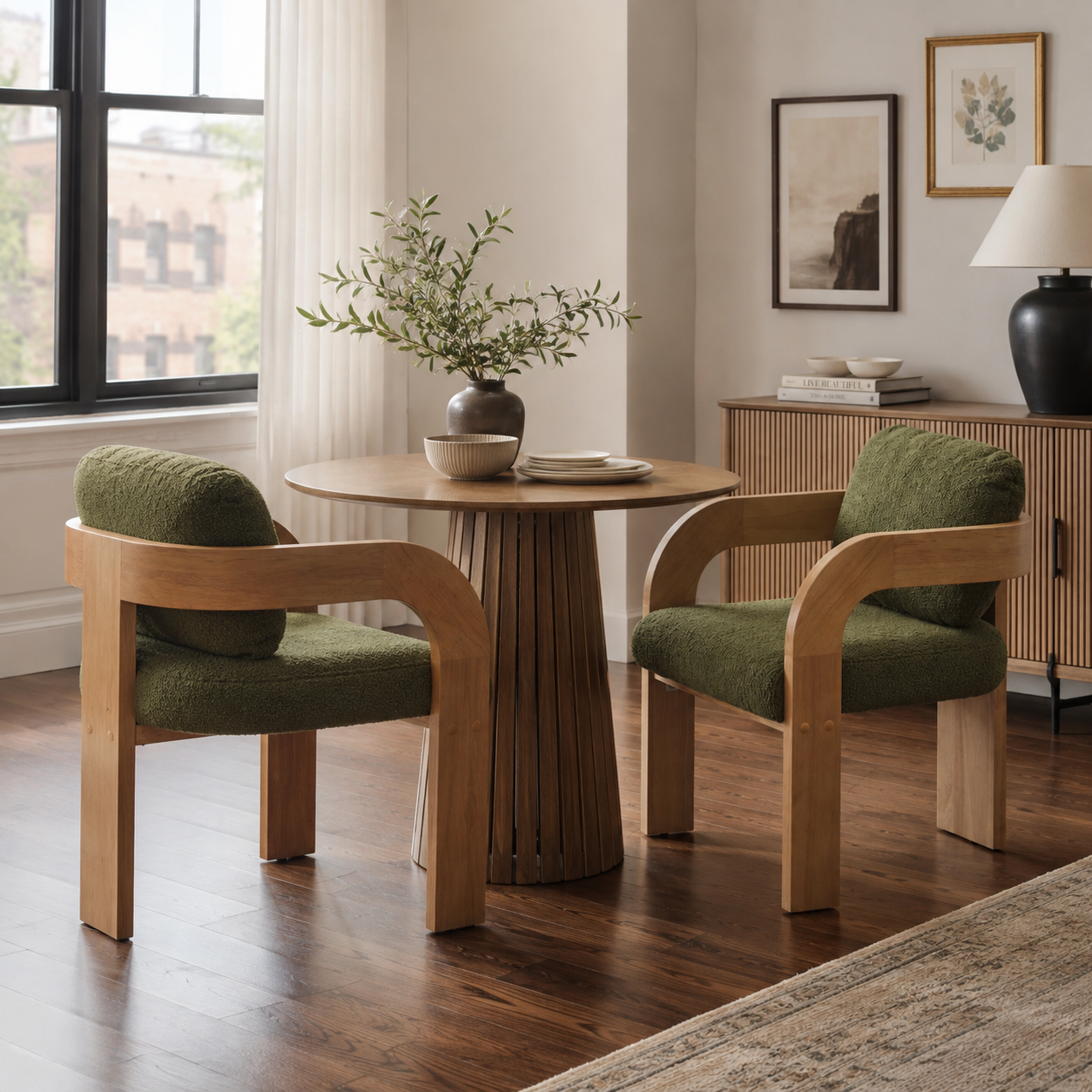 Wakatipu green boucle dining armchairs with solid rubberwood frames beside a round wood dining table