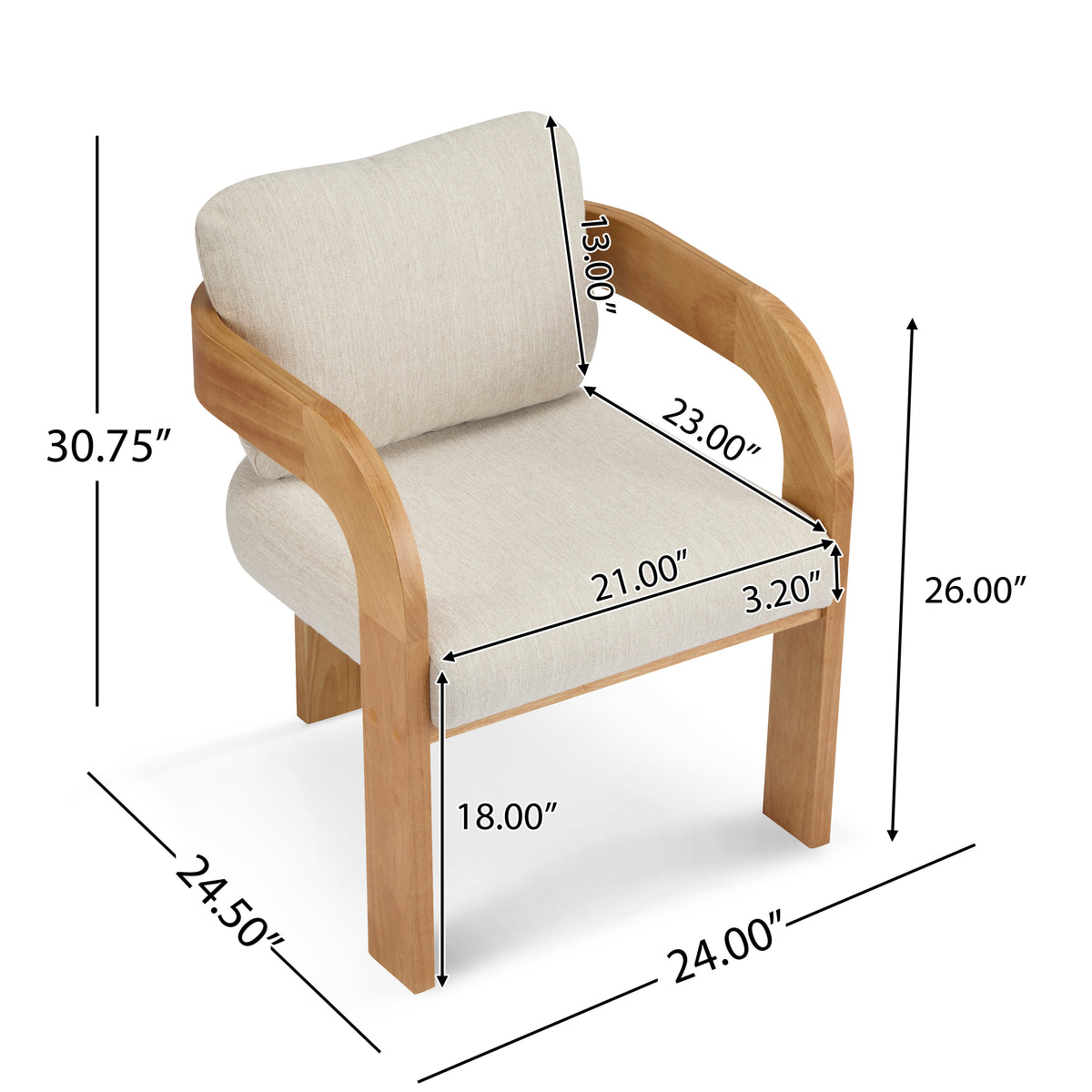 Wakatipu natural woven fabric dining armchair showing product dimensions with solid rubberwood frame