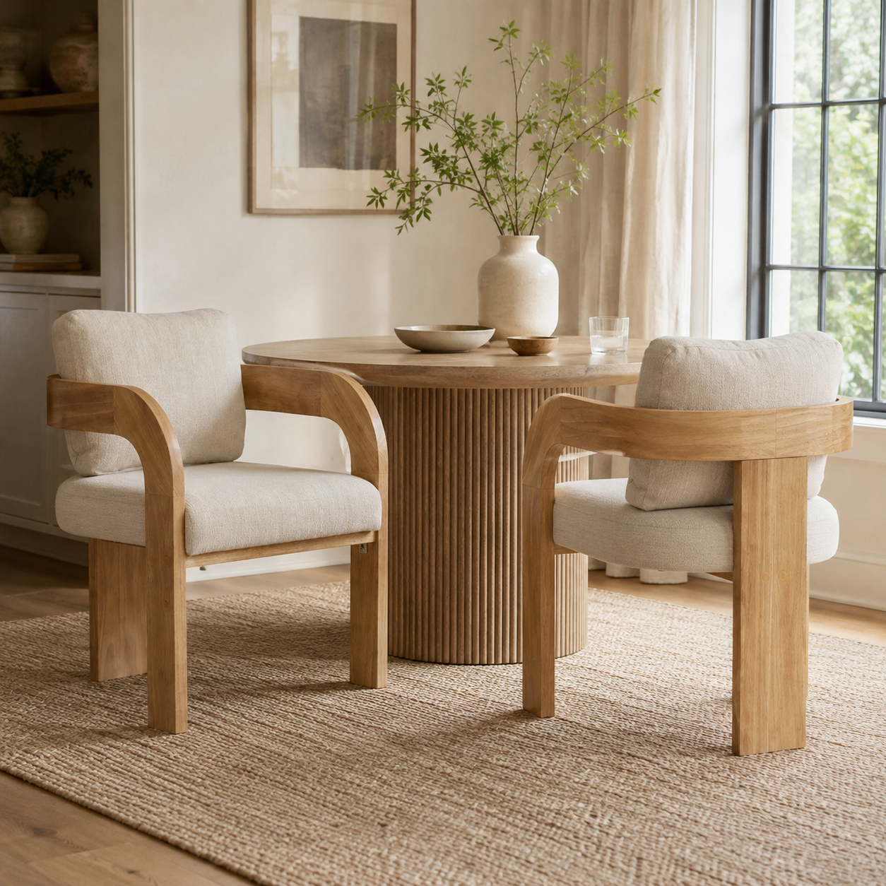 Wakatipu natural woven fabric dining armchairs with solid rubberwood frames beside a round wood dining table