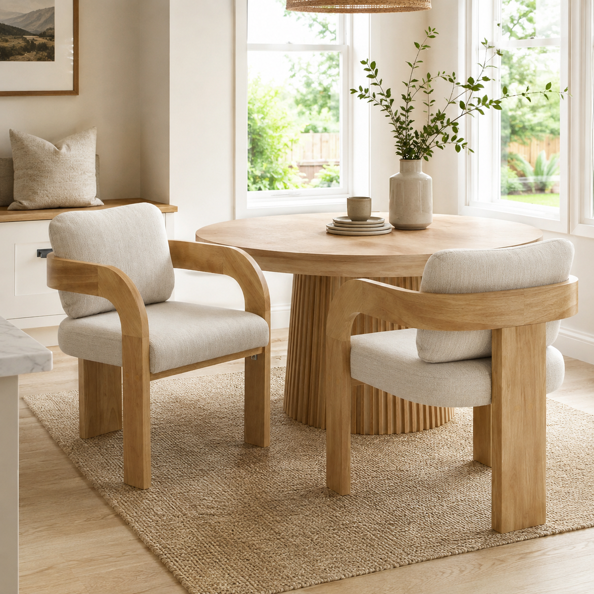 Wakatipu natural upholstered dining armchairs around a rectangular dining table in a warm dining space