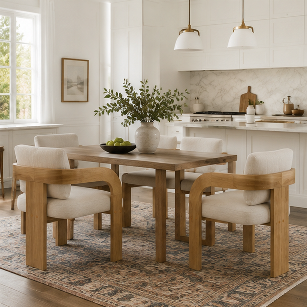 Wakatipu natural dining armchairs in a sunlit dining room with a wood table and soft neutral styling