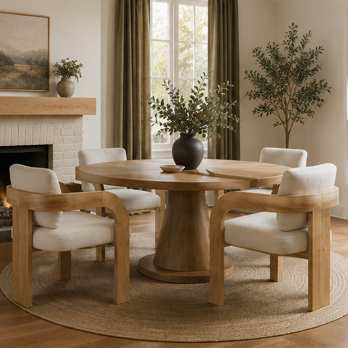 Wakatipu natural armchairs arranged around a round wood table in a cozy contemporary dining room