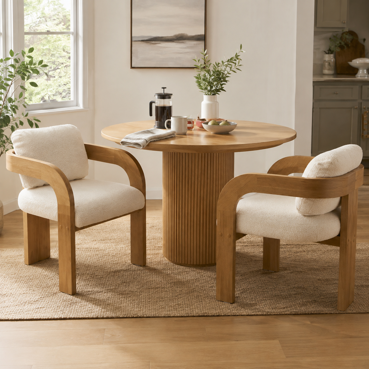 Wakatipu white boucle dining armchairs with solid rubberwood frames beside a round wood dining table