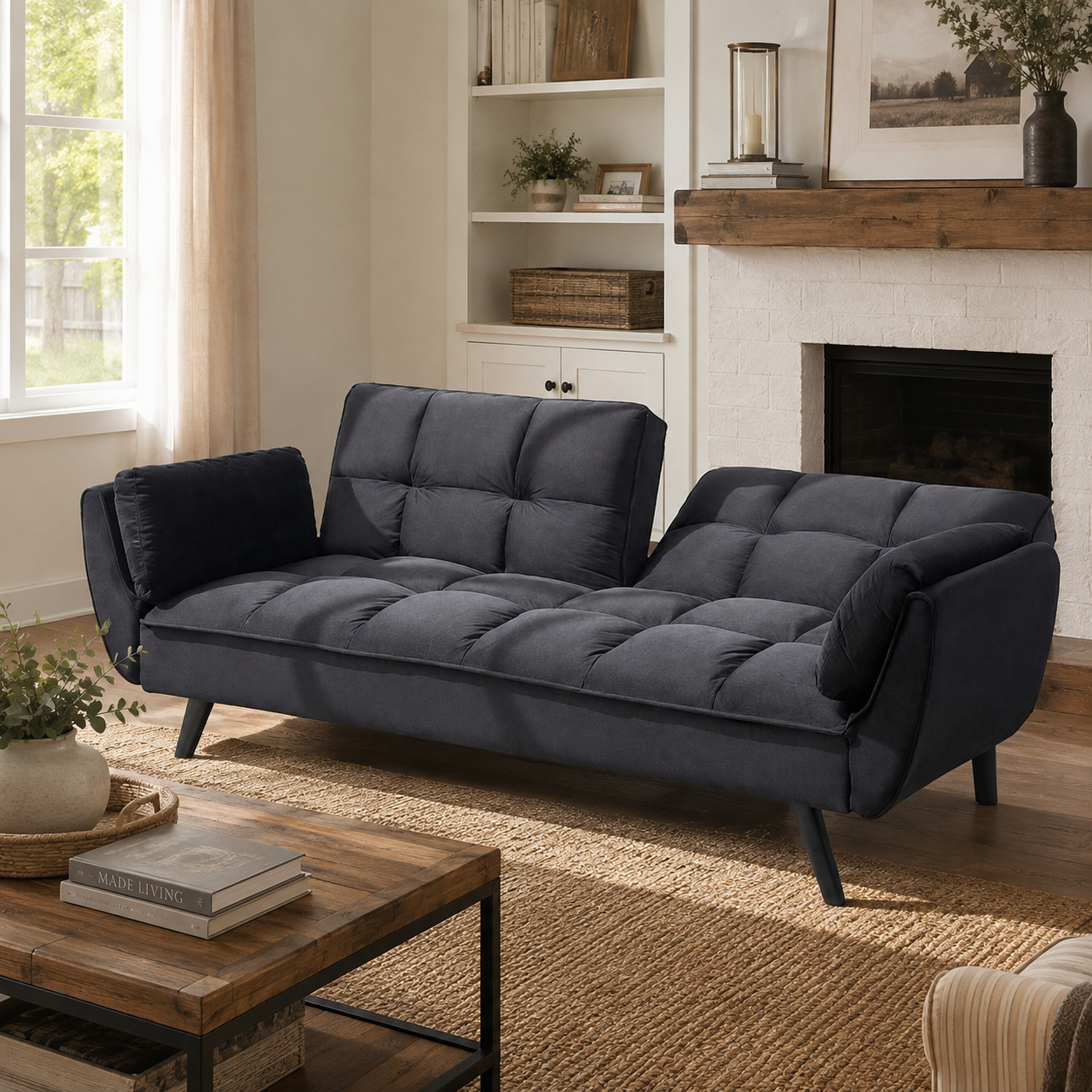 Wellington 74-inch black futon sofa bed with winged arms and throw pillows in a bright living room