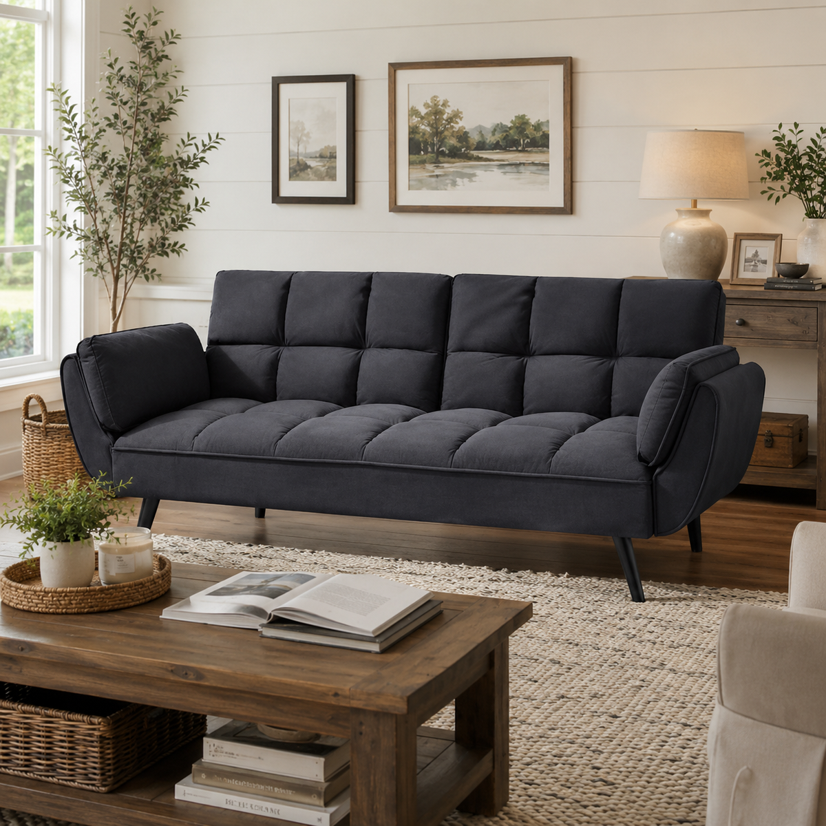 Wellington black futon sofa bed with winged arms and throw pillows beside a wood coffee table