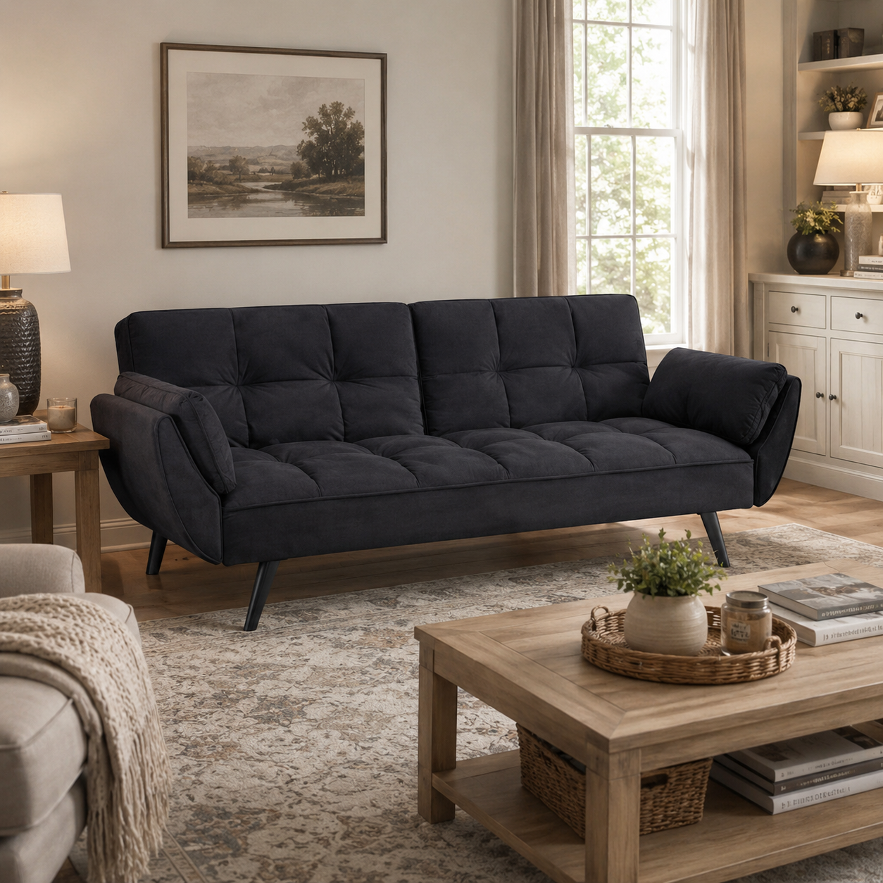 Wellington black upholstered futon sofa bed shown in a modern living room