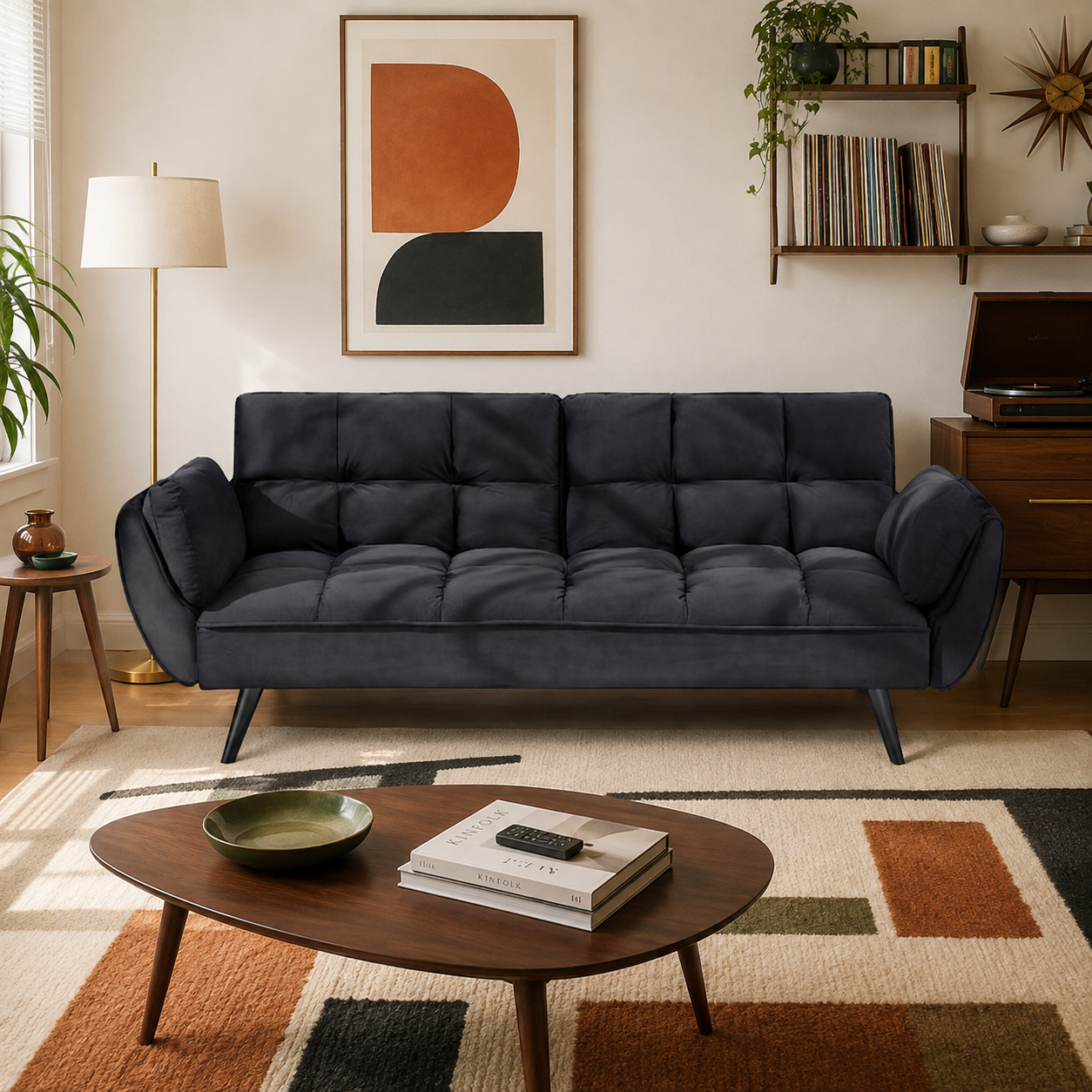 Wellington black futon sofa bed with tufted cushions in a styled interior