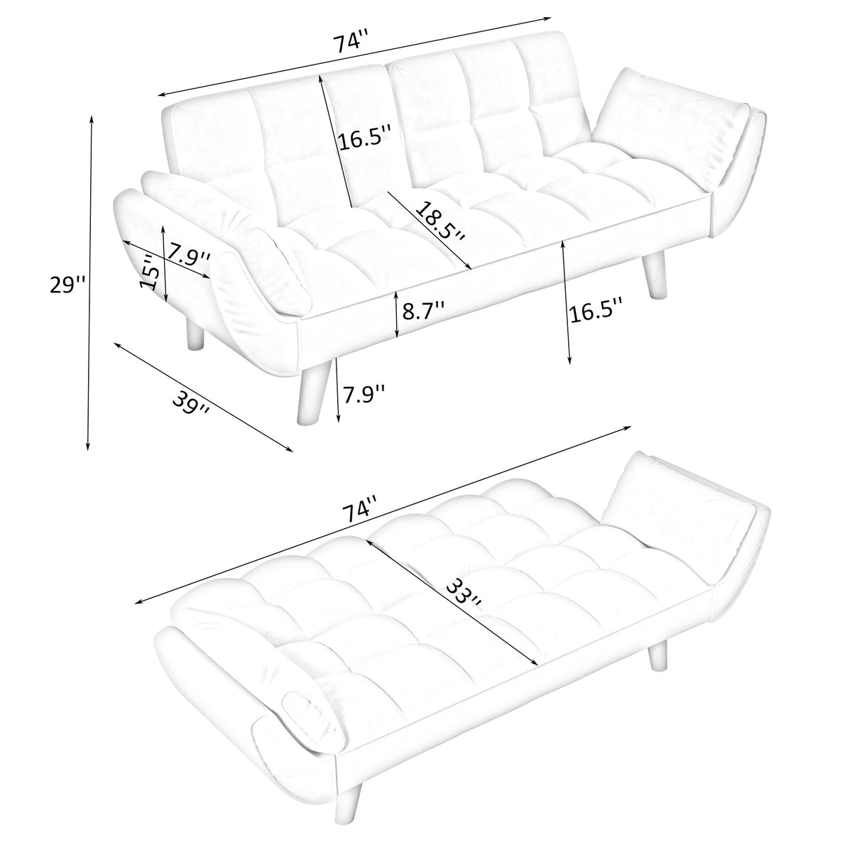 Wellington white futon sofa bed upholstery and side profile detail