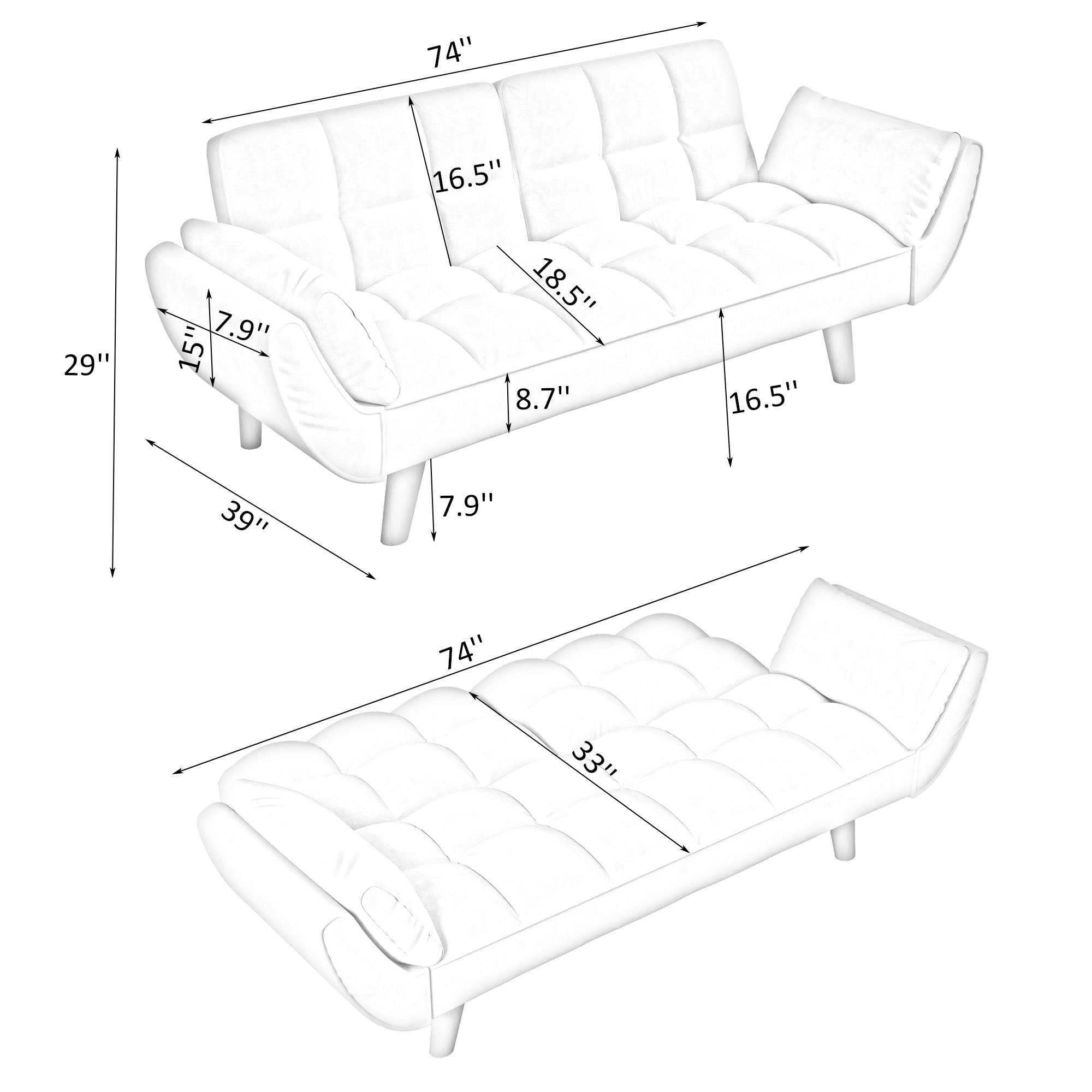 Wellington white futon sofa bed upholstery and side profile detail