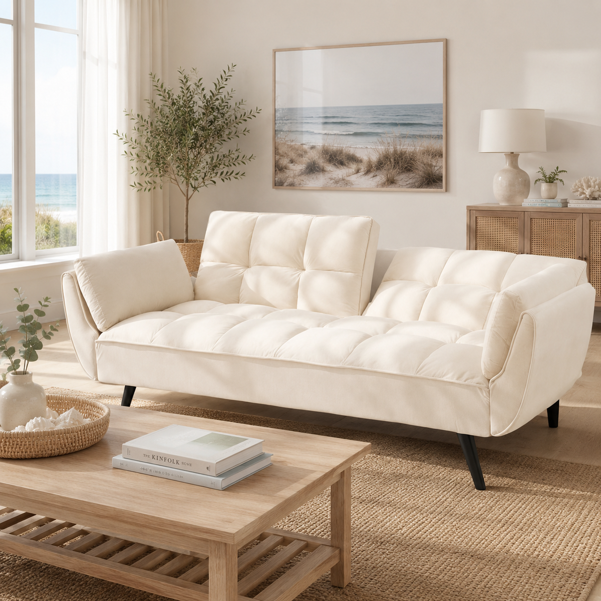 Wellington 74-inch white futon sofa bed with winged arms and throw pillows in a living room