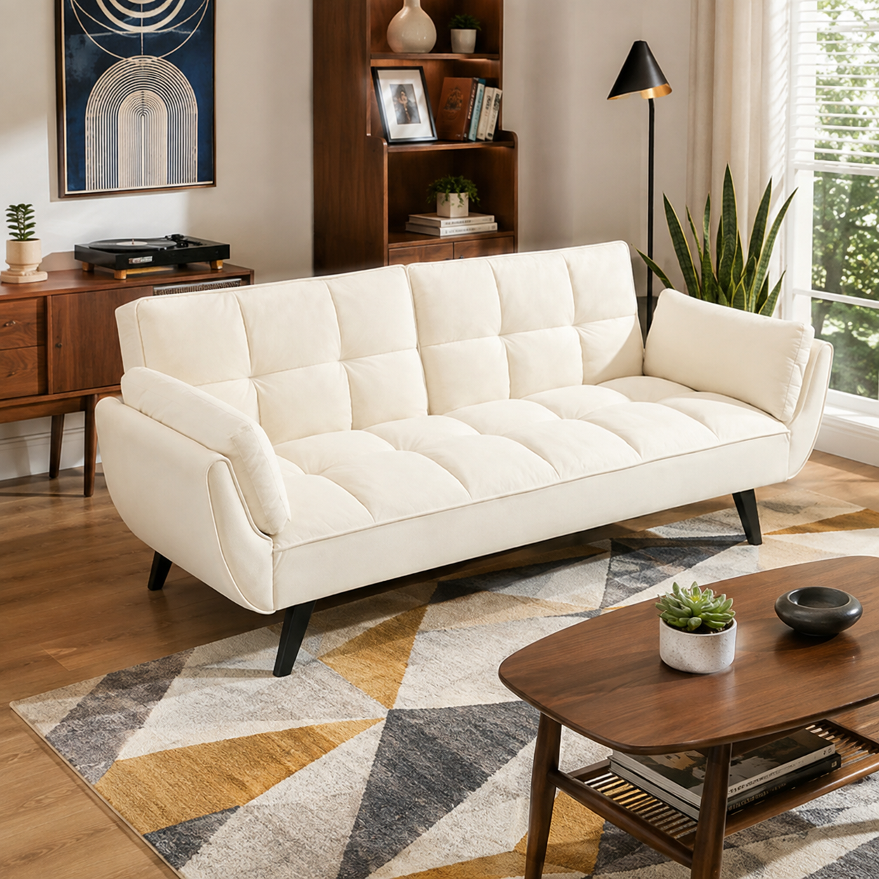Wellington white futon sofa bed styled with a wood coffee table