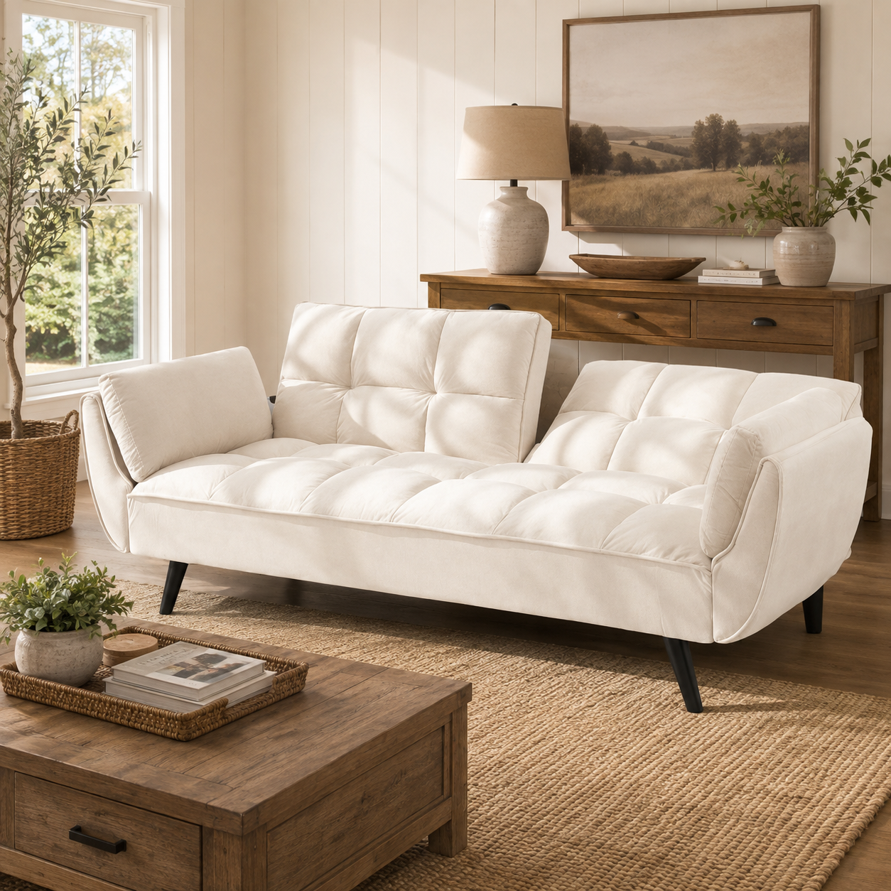 Wellington white futon sofa bed shown from an angled living room view