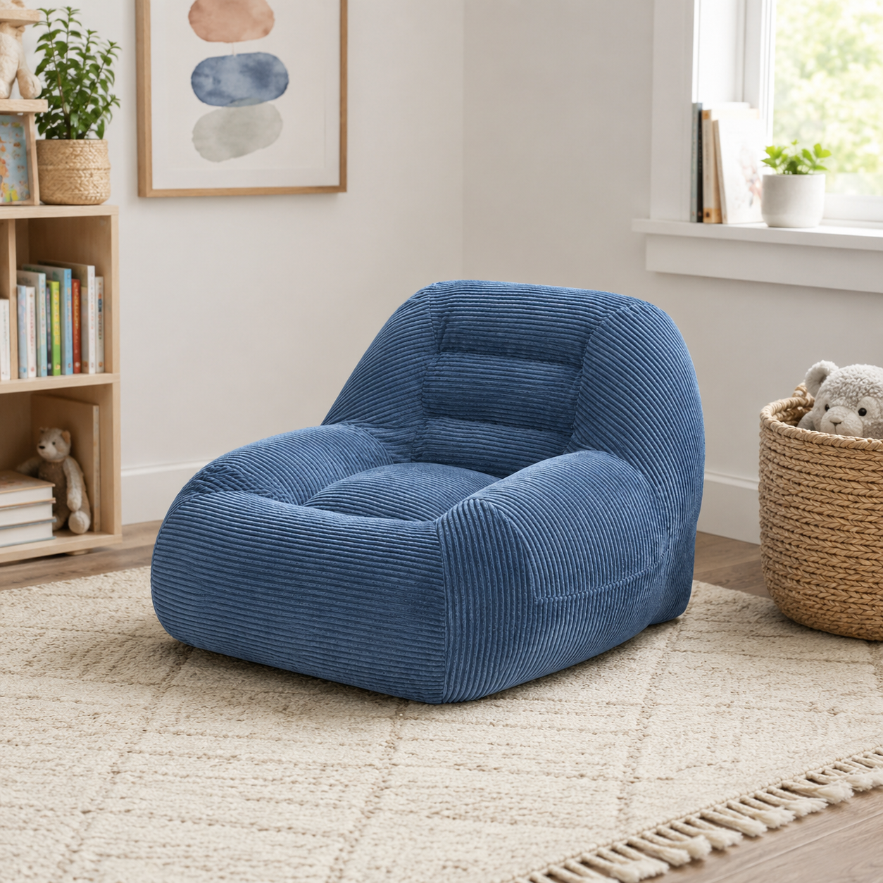 Westwood blue bean bag armchair shown in a bright room beside a bookcase and soft neutral rug