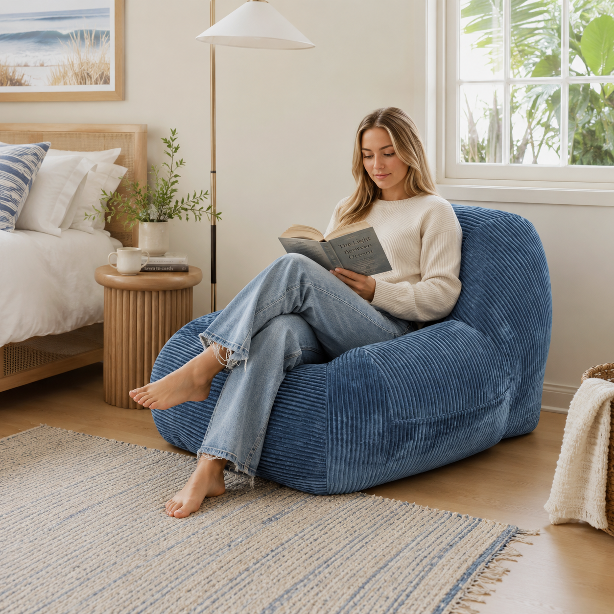 Westwood blue bean bag armchair showing a woman reading comfortably near a large window