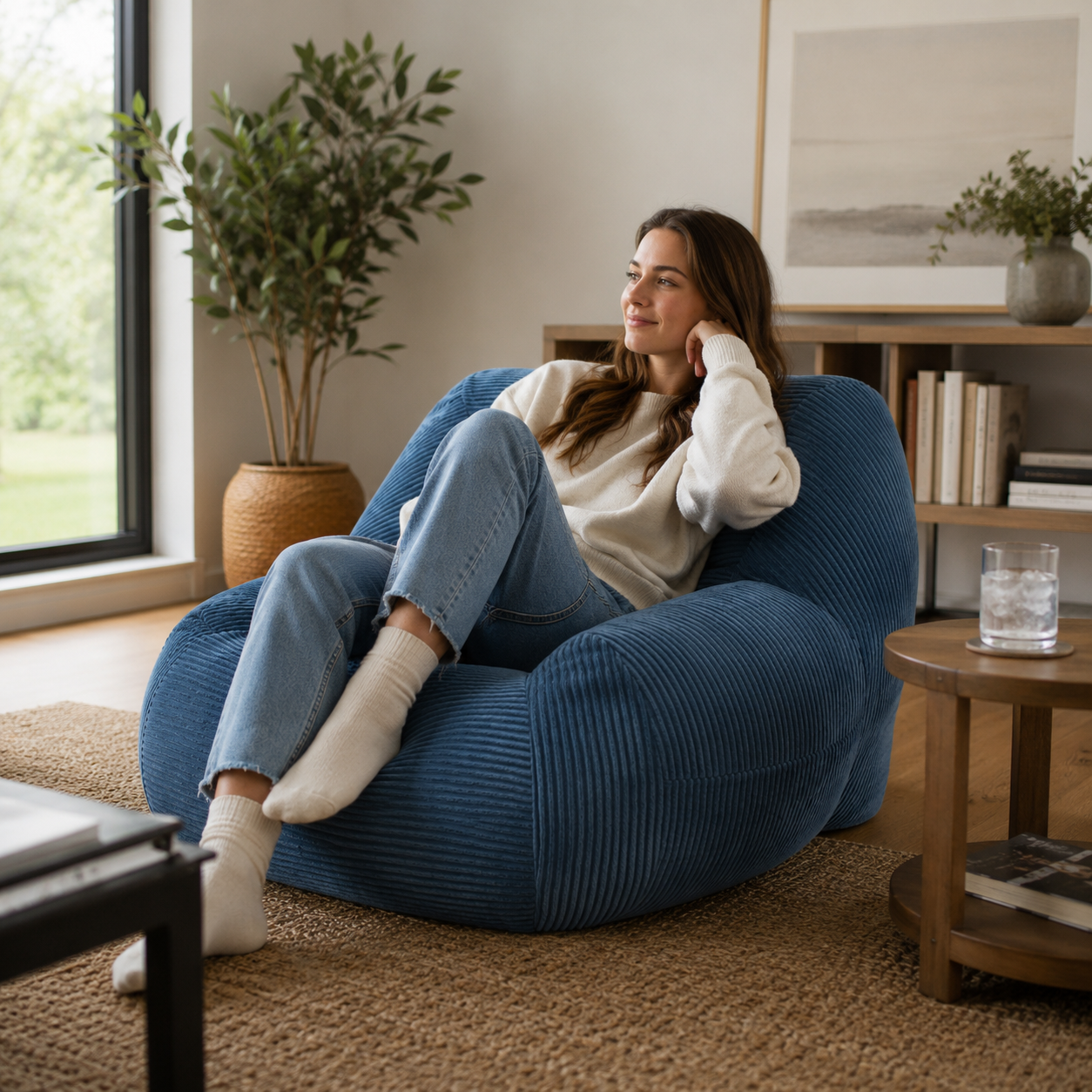Westwood blue bean bag armchair showing a woman relaxing in a warm living room with wood furniture
