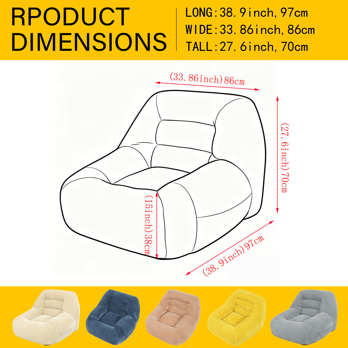 Westwood light camel bean bag armchair showing dimensions