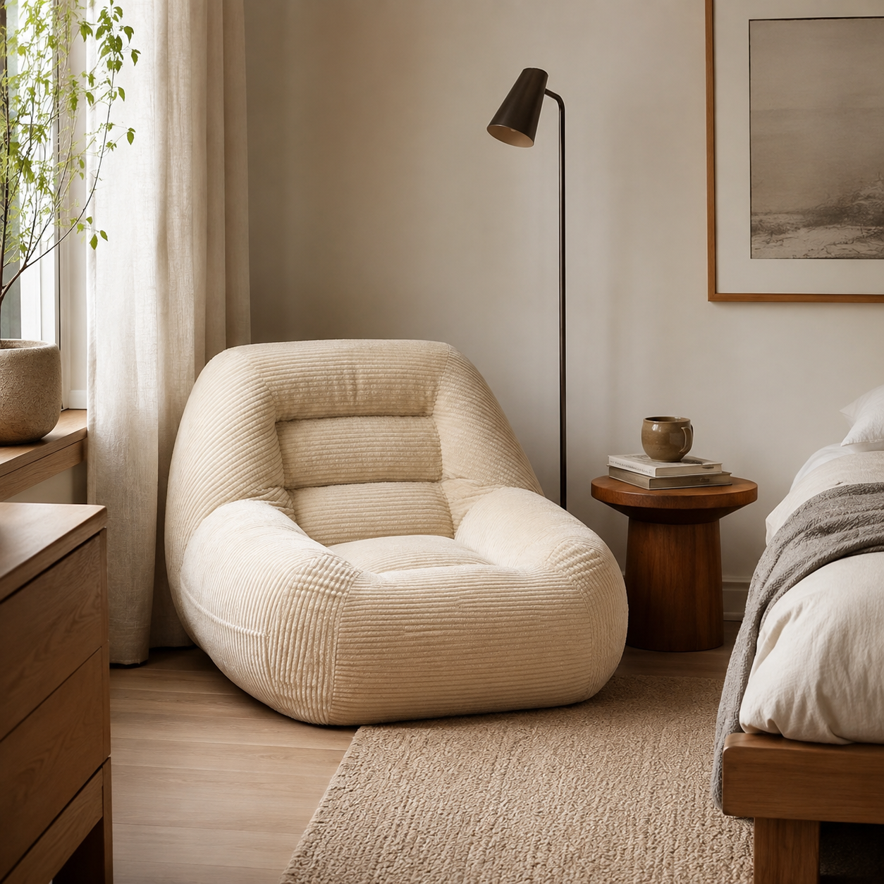 Westwood light camel bean bag armchair shown beside a bed and side table in a warm neutral bedroom