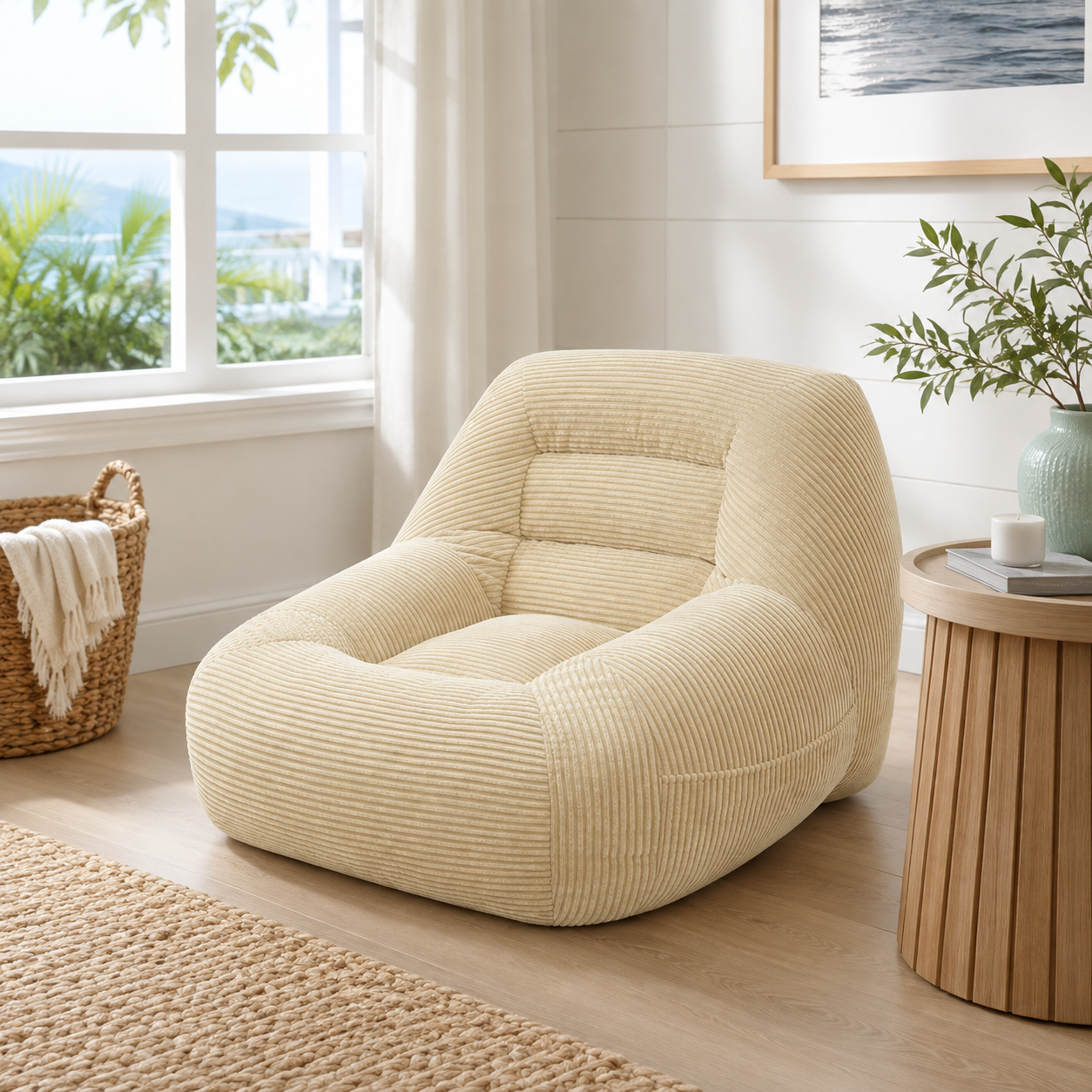 Westwood light camel bean bag armchair shown near a large window with a wood side table