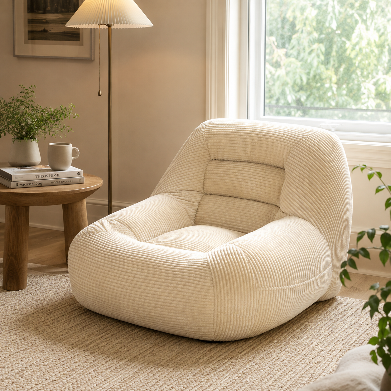 Westwood light camel bean bag armchair shown in a bright reading area with soft neutral decor