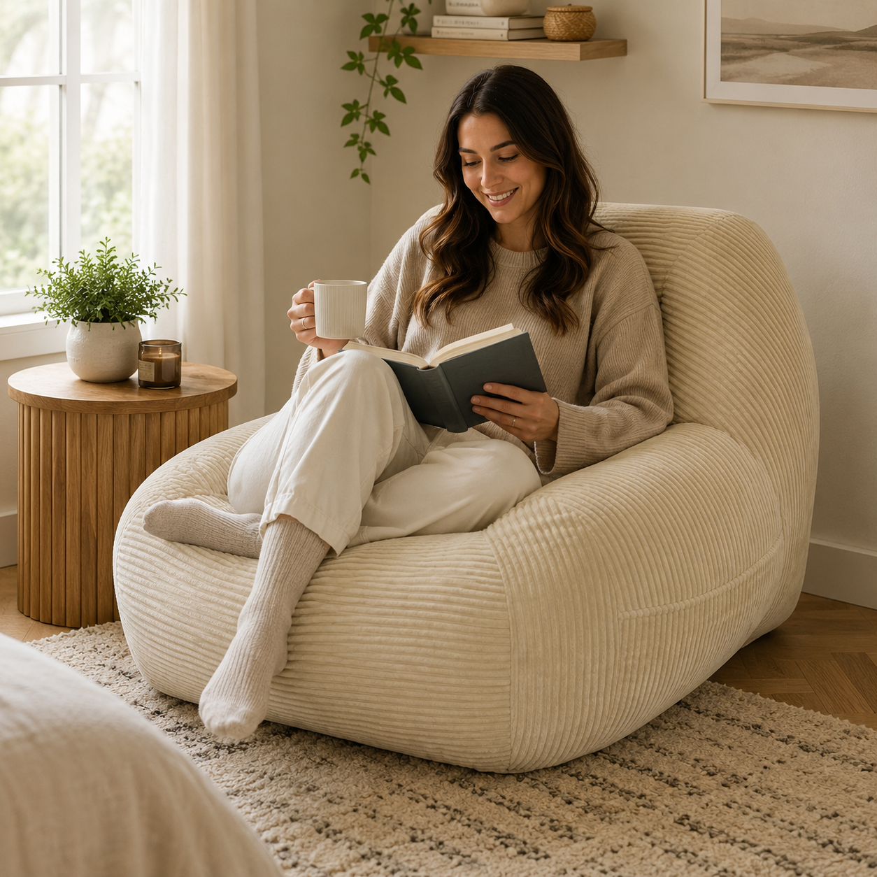 Westwood light camel bean bag armchair showing a woman reading comfortably in a bright living room