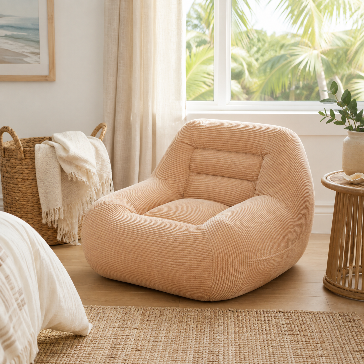 Westwood pink bean bag armchair shown beside a bed and large window in a warm neutral bedroom