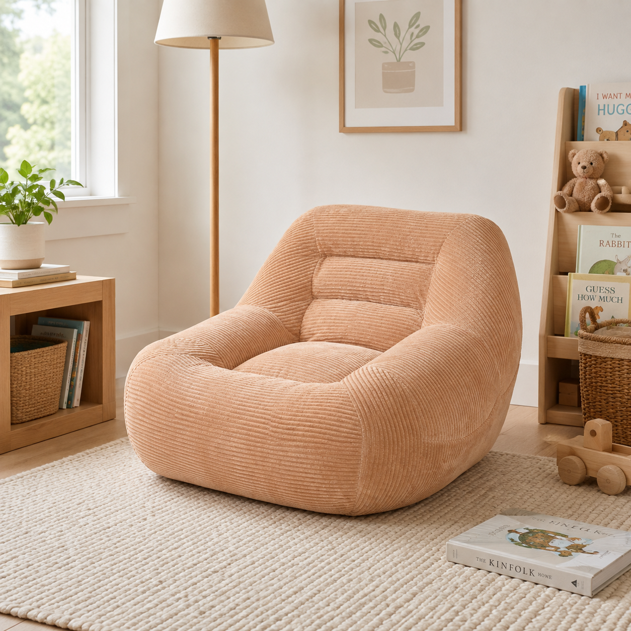 Westwood pink bean bag armchair shown in a cozy reading area beside a window and side table