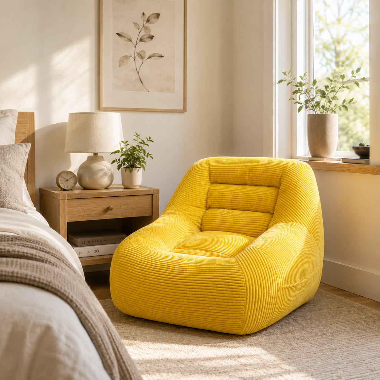 Westwood yellow bean bag armchair shown beside a bed and window in a bright neutral bedroom