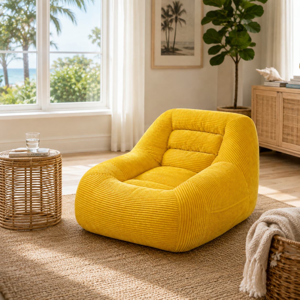 Westwood yellow bean bag armchair shown beside a window and woven side table in a bright room