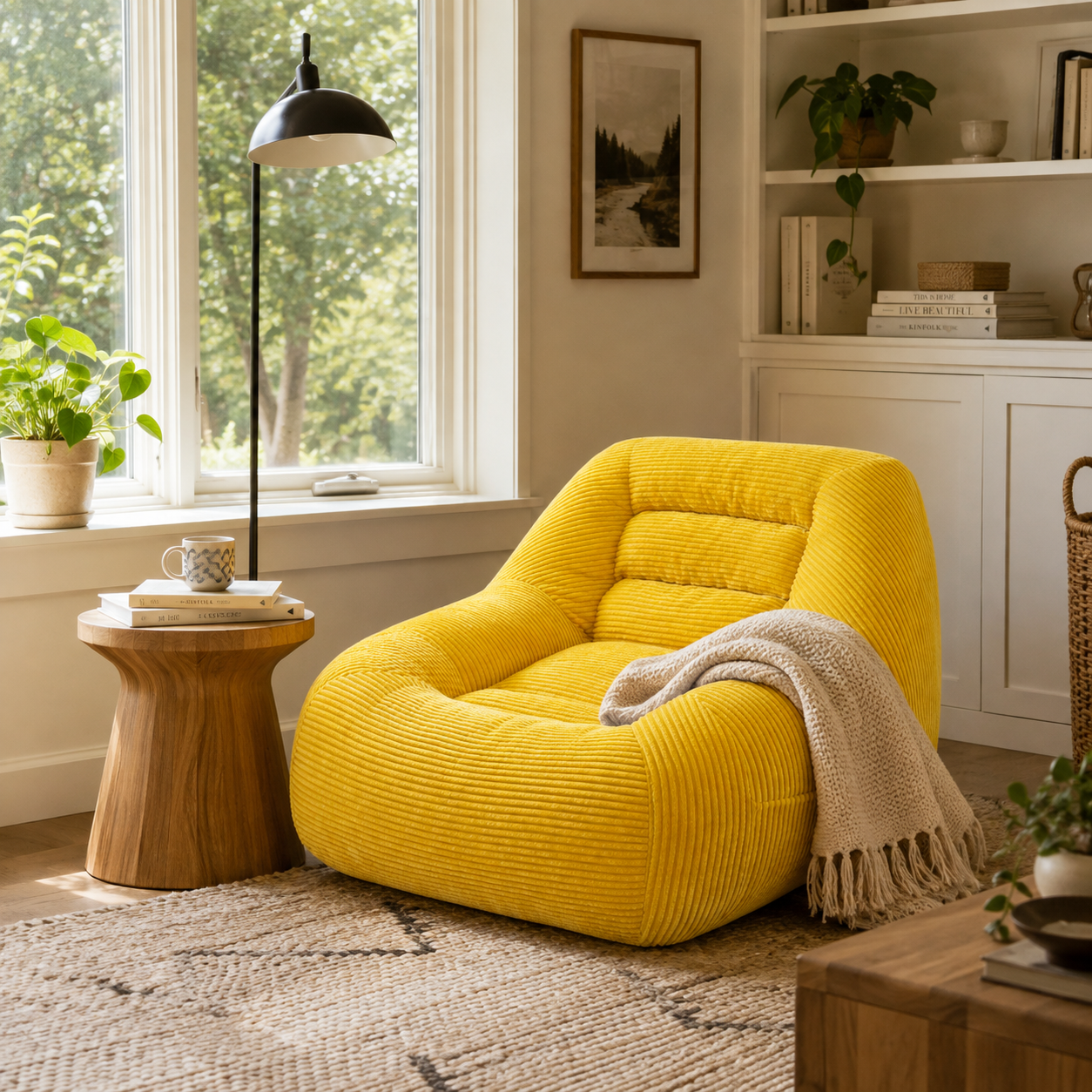 Westwood yellow bean bag armchair shown in a sunny reading corner with wood furniture and greenery