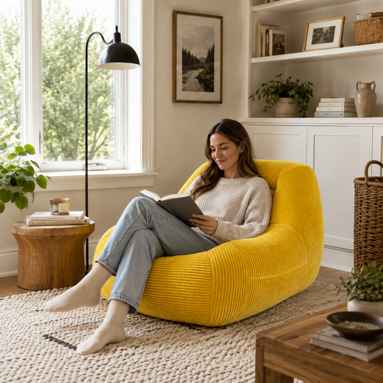 Westwood yellow bean bag armchair showing a woman relaxing beside a large window and indoor plants